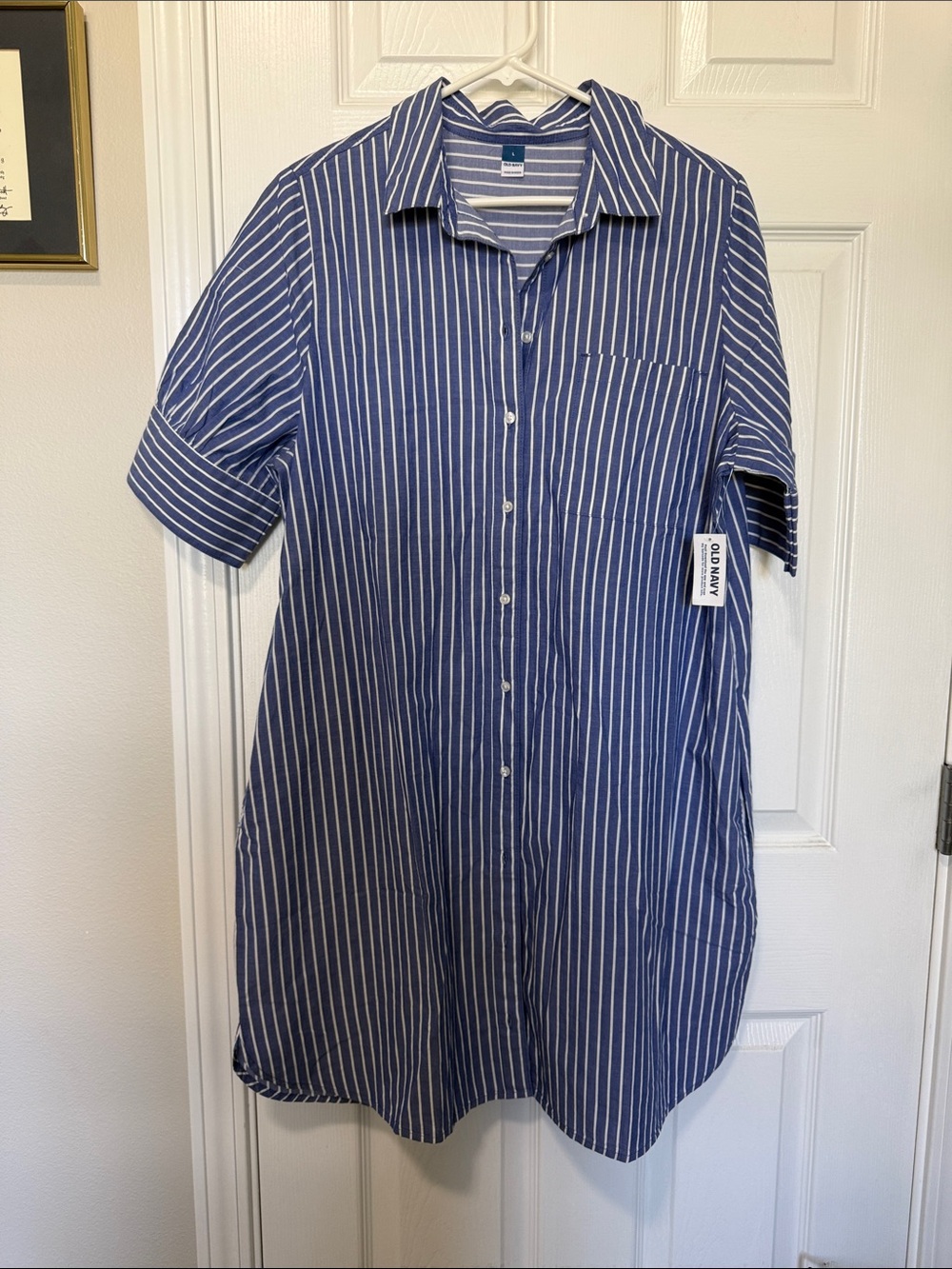 Old Navy Navy White Vertical Stripe Short-Sleeve Button Shirt w/pockets Sz L NWT